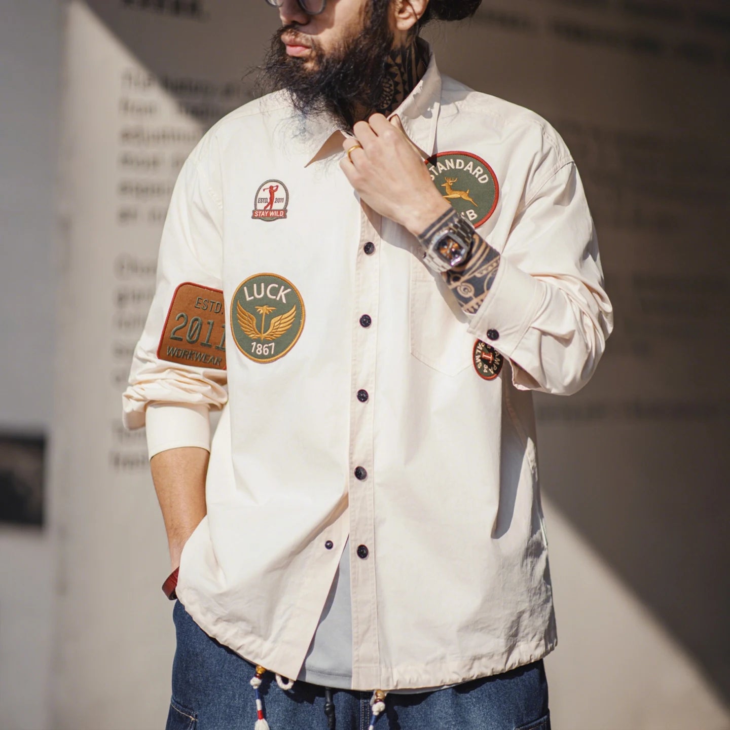 Men's Vintage Patch Embroidery Long Sleeved Shirt | Casual Style