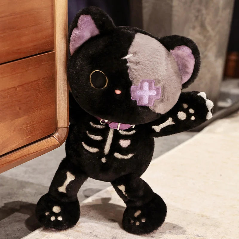 Kawaii Black Skeleton Cat Plush Toy | Fluffy Gothic Stuffed Animal