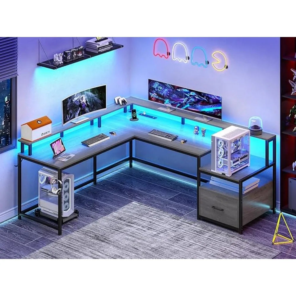 66" Gaming Desk | Corner Home Office Desk with Storage & LED Lights