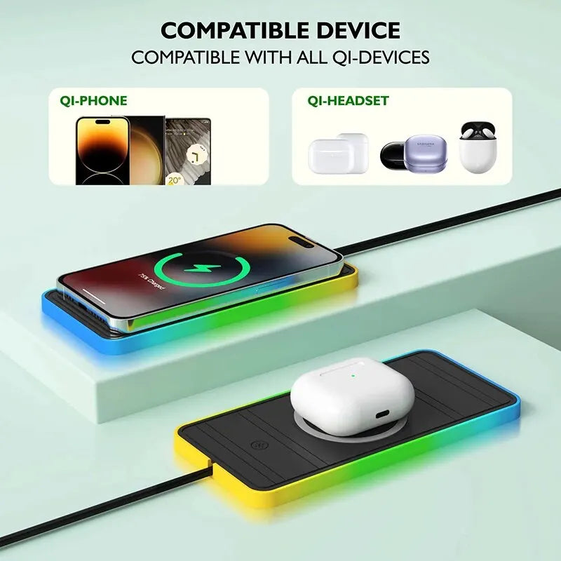 Almohadilla de carga inalámbrica rápida para coche con luz RGB para todos los teléfonos
