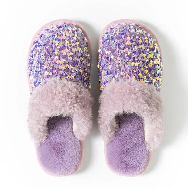 Kawaii Sequin Giraffe Plush Slippers | Cute Winter House Shoes