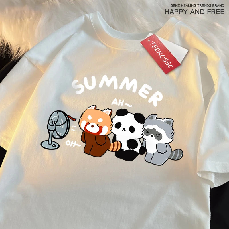 3 Raccoons Blowing Fans Print T-Shirt | Breathable Casual Wear