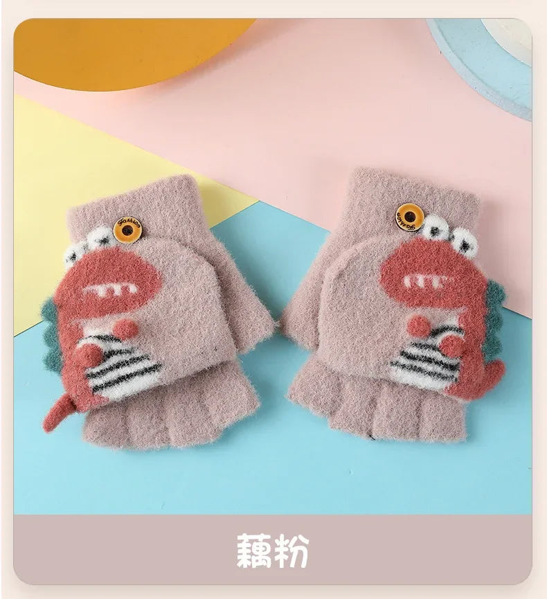Kawaii Cartoon Dino Kids Half Finger Gloves | Winter Warmth for Fun