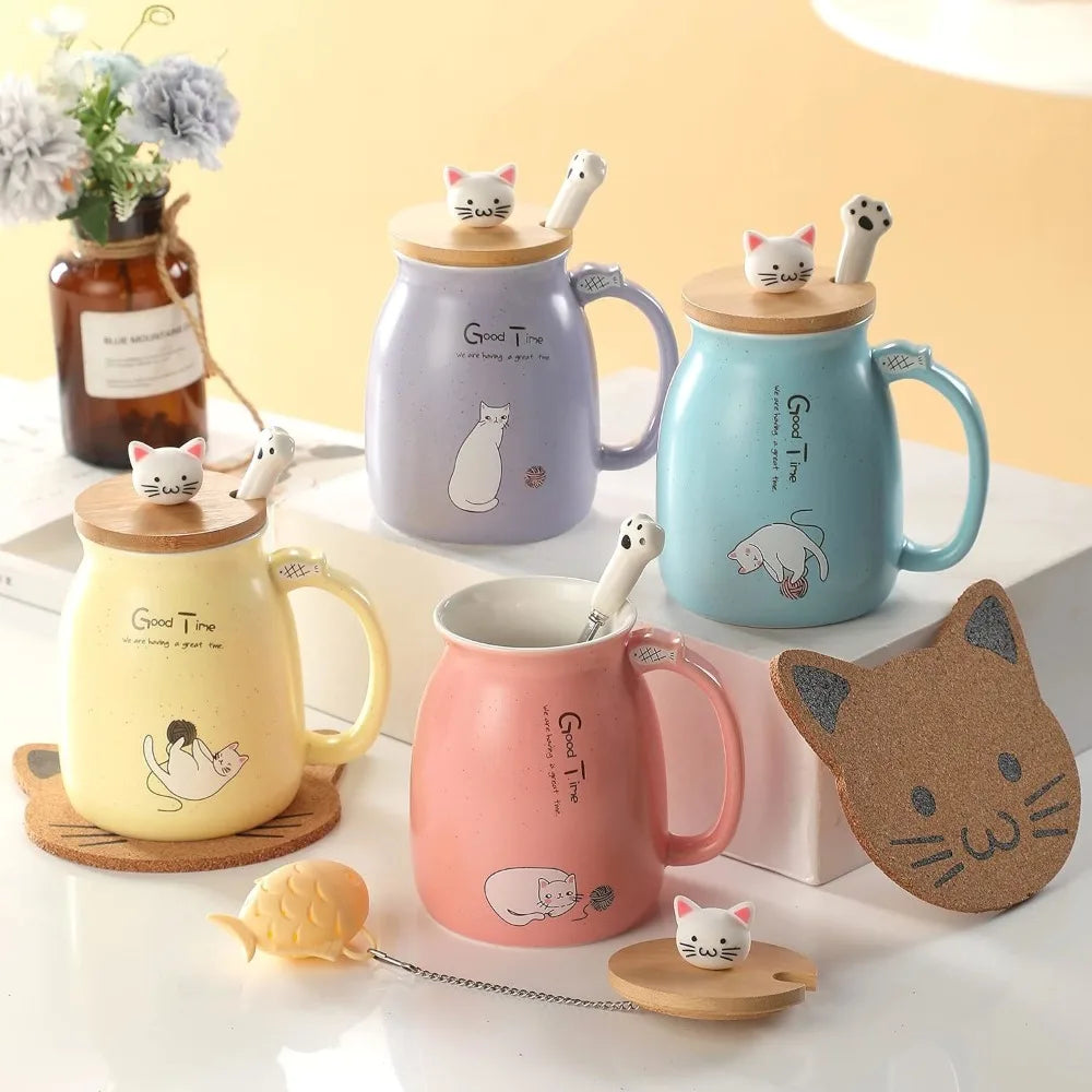 Cute Cat Water Cup | Adorable Ceramic Mug with Lid & Spoon