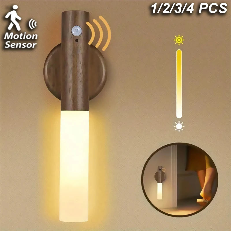 Luz nocturna LED recargable con sensor de movimiento | Elegante diseño de vetas de madera