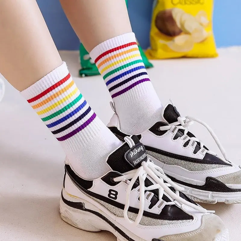 Trendy Women's Autumn Rainbow Striped Tube Socks | Stylish High Tops