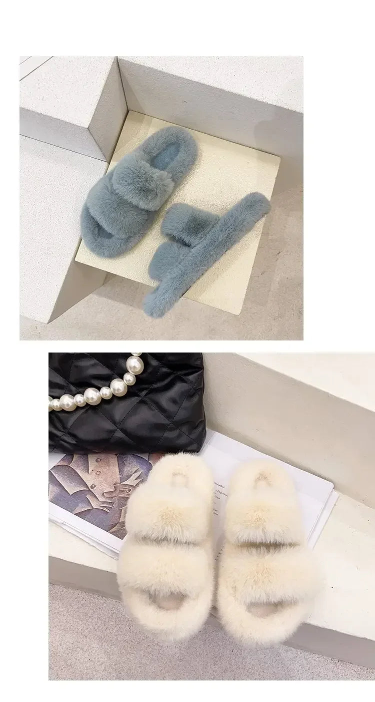 Cozy Double Fur Cross-Strap Plush Slippers | Warm Indoor Footwear