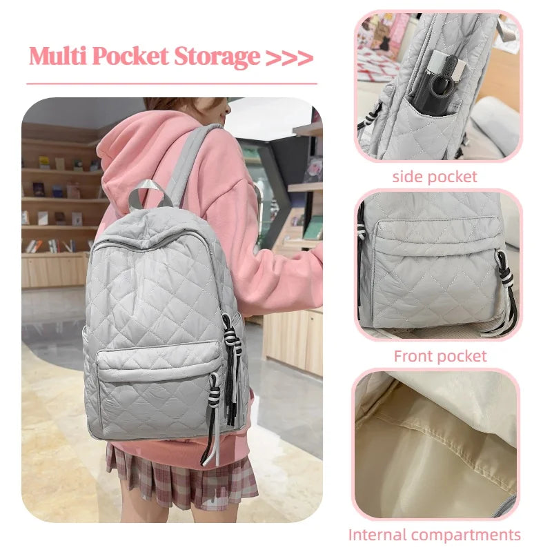 Cute Girls Quilted Backpack with Tassel Decor | Lightweight & Stylish