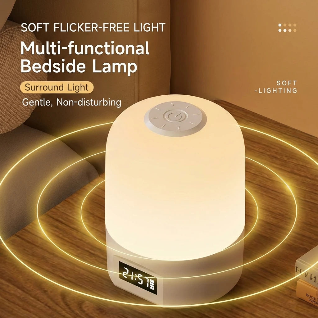 Touch Control LED Bedside Lamp with Clock & Dimmable Light