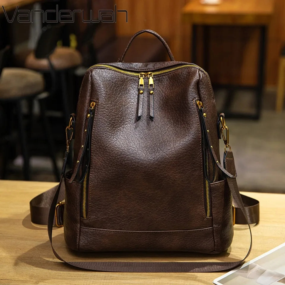 Vintage Leather Backpack | Large Capacity Travel Rucksack for Women