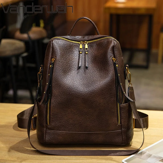 Vintage Leather Backpack | Large Capacity Travel Rucksack for Women