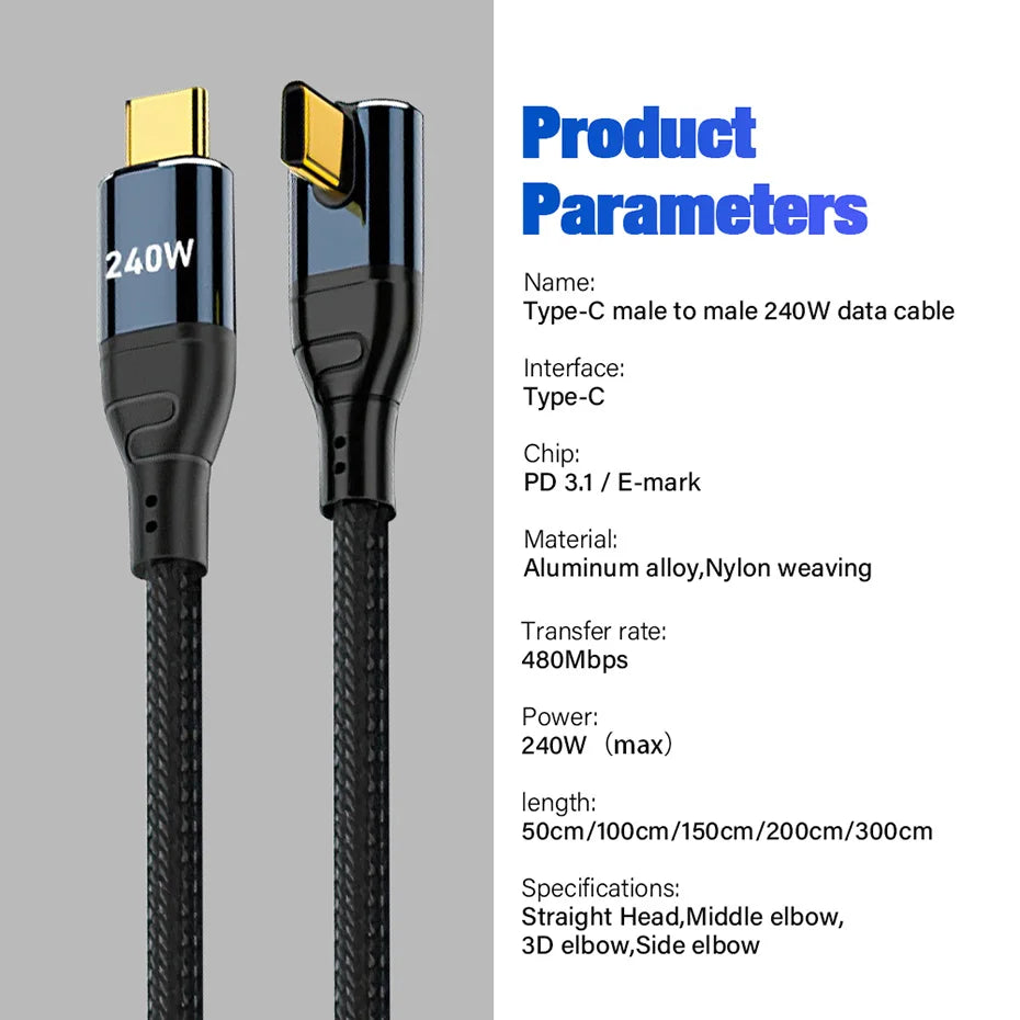240W USB Type C Fast Charge Cable | Compatible with Phones & Laptops