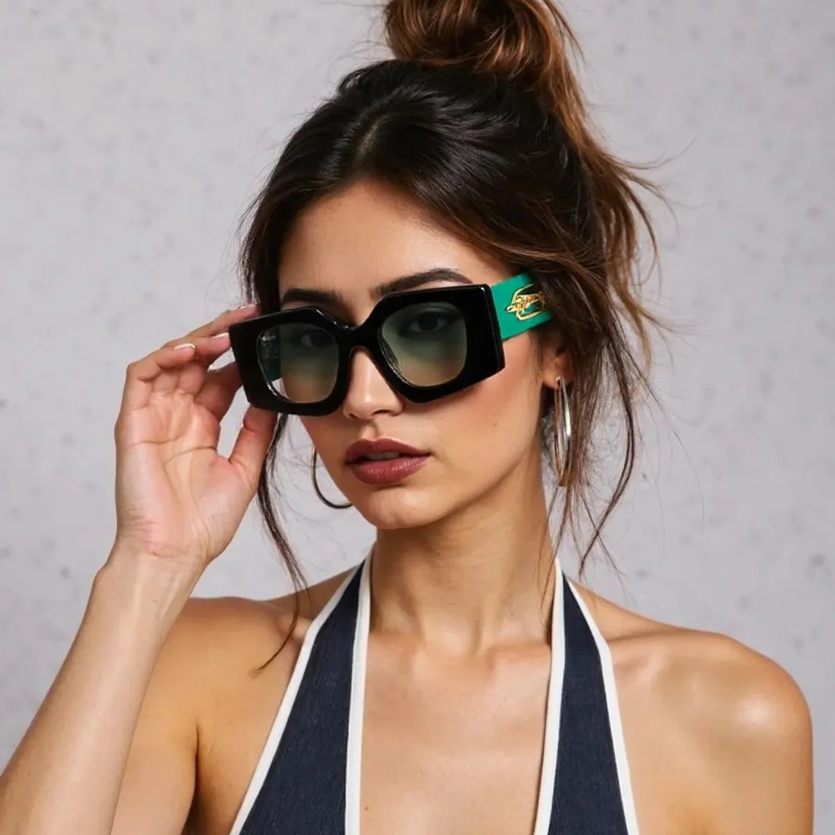 Stylish Women's Black Geometric Sunglasses with Gold Accents