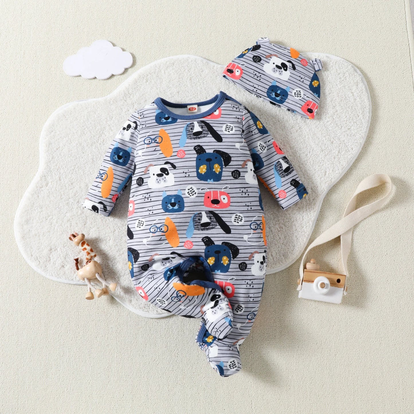 Adorable Baby Jumpsuit Set | Cute Puppy Stripes Hooded Romper