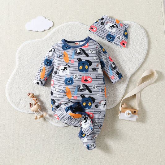 Adorable Baby Jumpsuit Set | Cute Puppy Stripes Hooded Romper