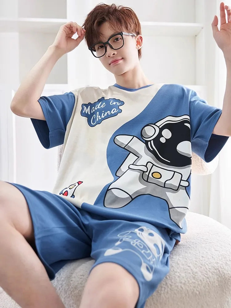 Men's Grey Plaid Short-Sleeved Pajamas | Comfortable Casual Sleepwear