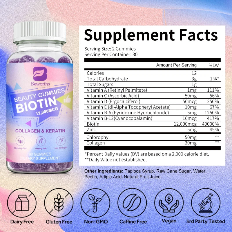 Vitamin Biotin Gummies for Stronger Hair, Skin & Nails - 60 Gummies