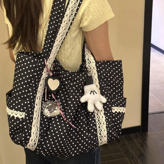 Bolso de mano de lona con lunares vintage | Espacioso y elegante