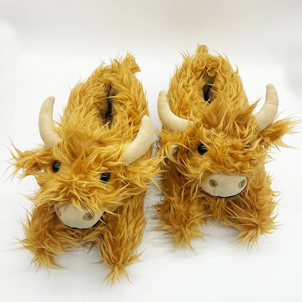 Winter Highland Cow Plush Slippers | Cute Fluffy Animal Slides