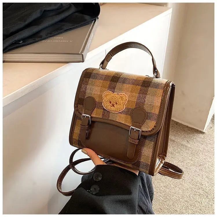 Cute Bear Backpack for Women | Vintage Plaid Student Bag