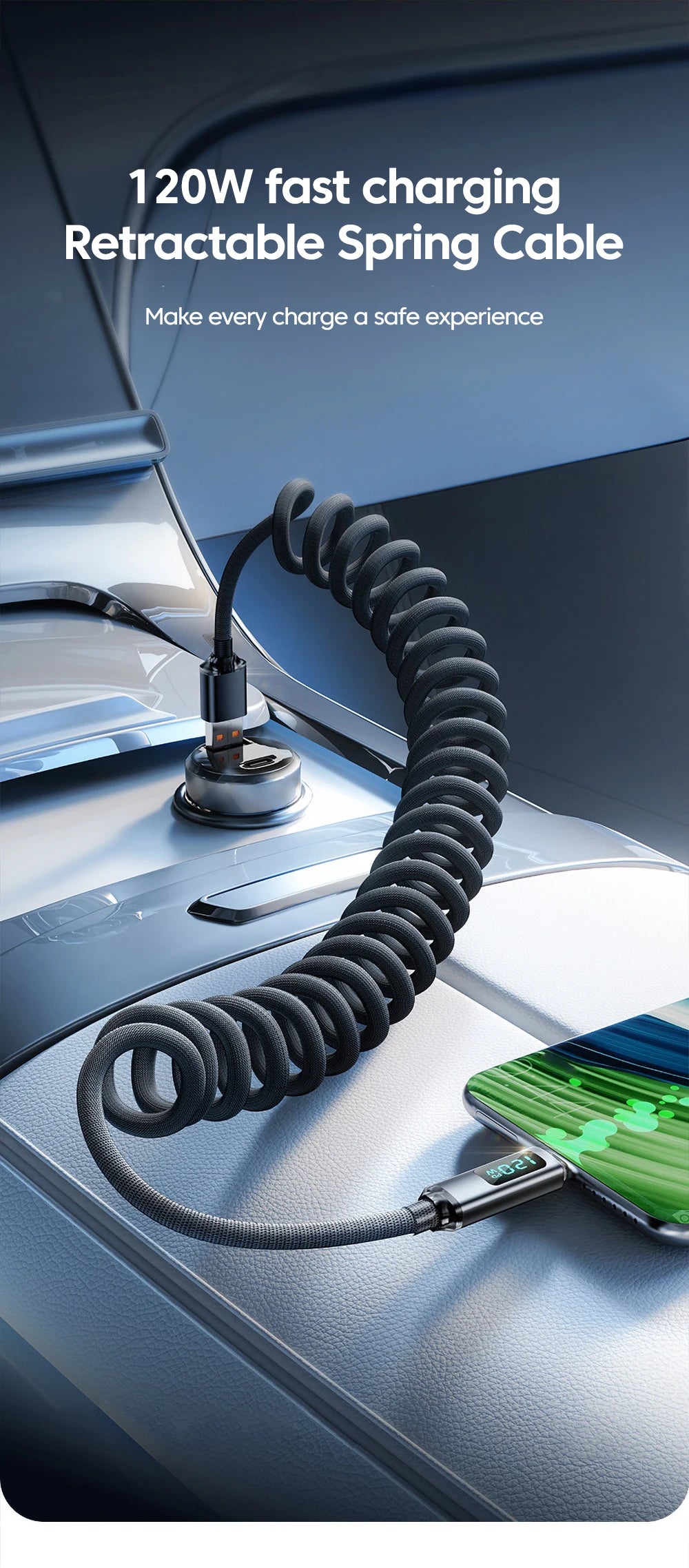 120W Fast Charging Retractable Cable | USB A to Type C Charger