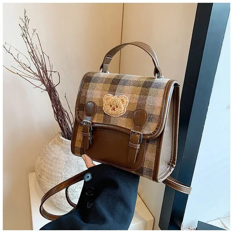 Cute Bear Backpack for Women | Vintage Plaid Student Bag