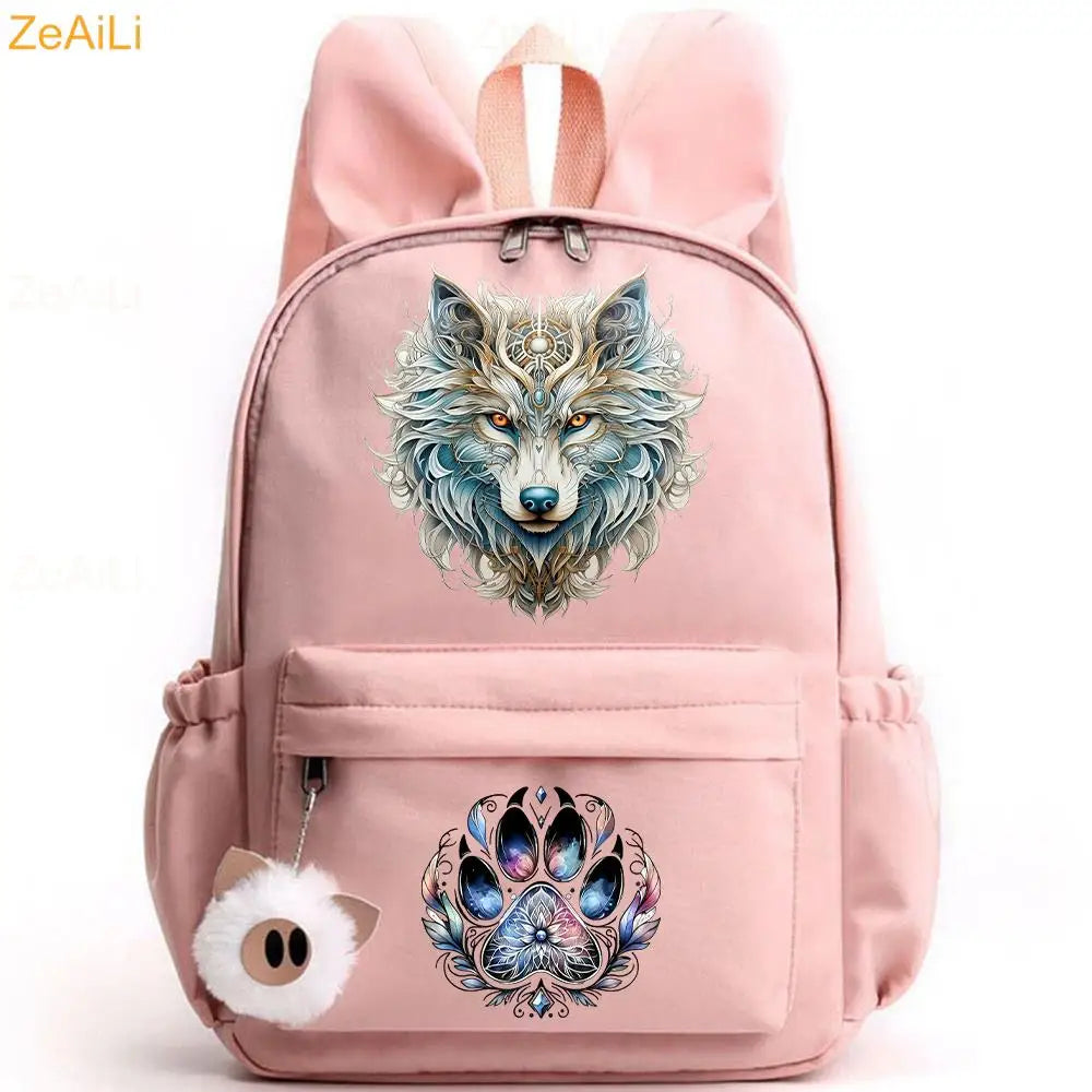 Retro Wolf Head Paw Backpack | Stylish Casual School Rucksack