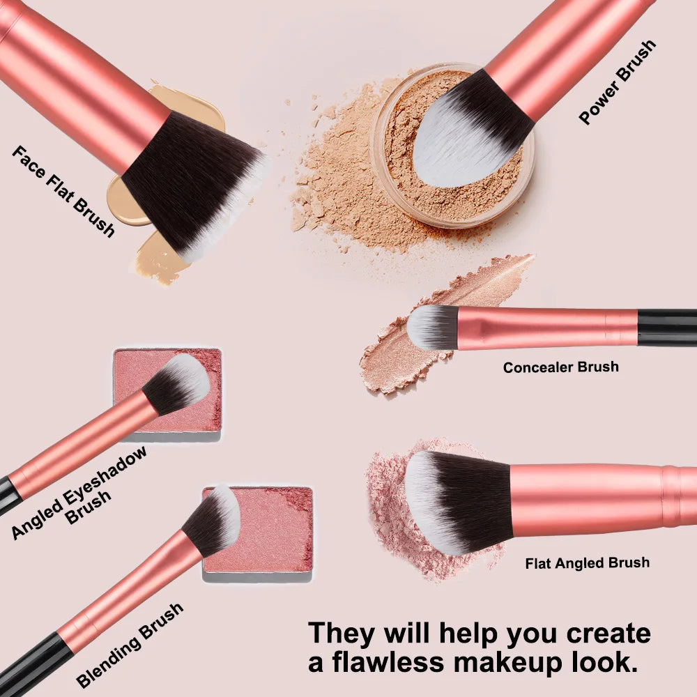 14-16 Piece Professional Makeup Brush Set – Soft Fluffy Goat & Synthetic Hair Brushes for Foundation, Eyeshadow, Blush, Concealer & Powder – Red/Black/Pink/Silver Handles