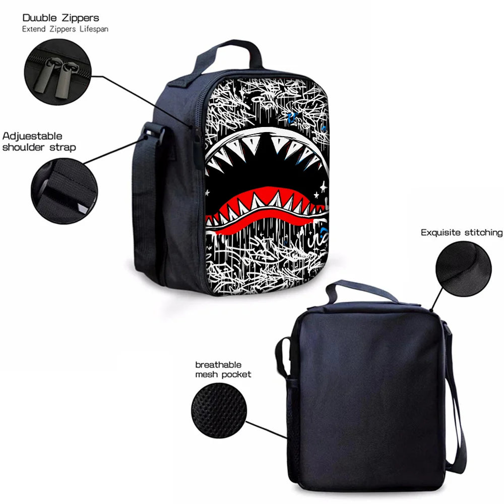 3pcs Shark Graffiti Pattern Backpack Set | Lightweight Travel Bags
