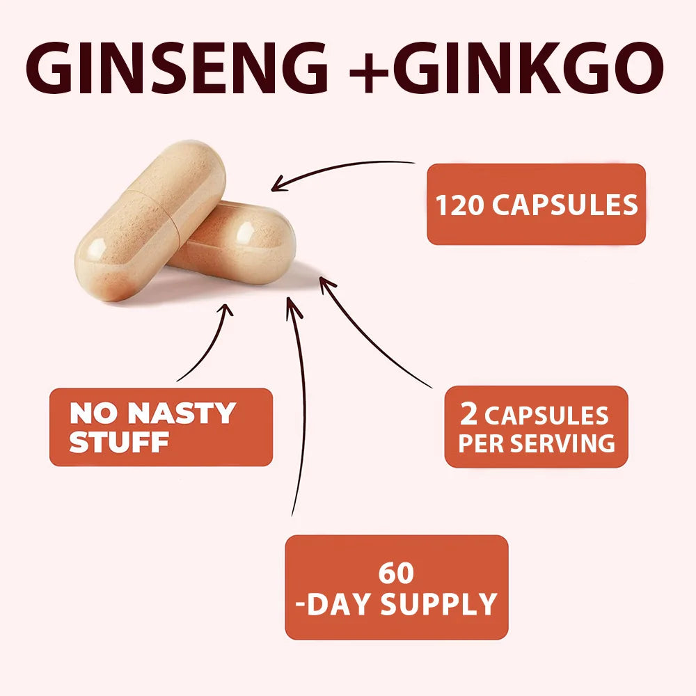Energy Supplement Capsules with Ginseng & Ginkgo for Focus & Health