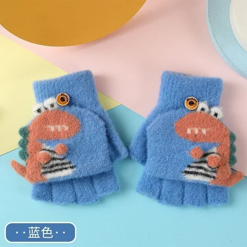 Kawaii Cartoon Dino Kids Half Finger Gloves | Winter Warmth for Fun
