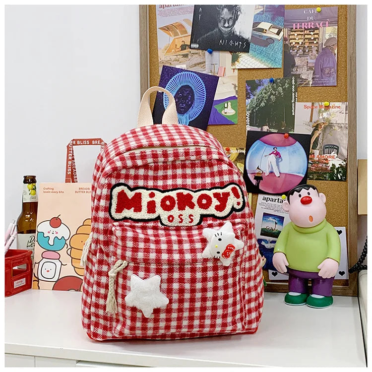Stylish Girls Red Plaid Backpack | Large Capacity School Bag