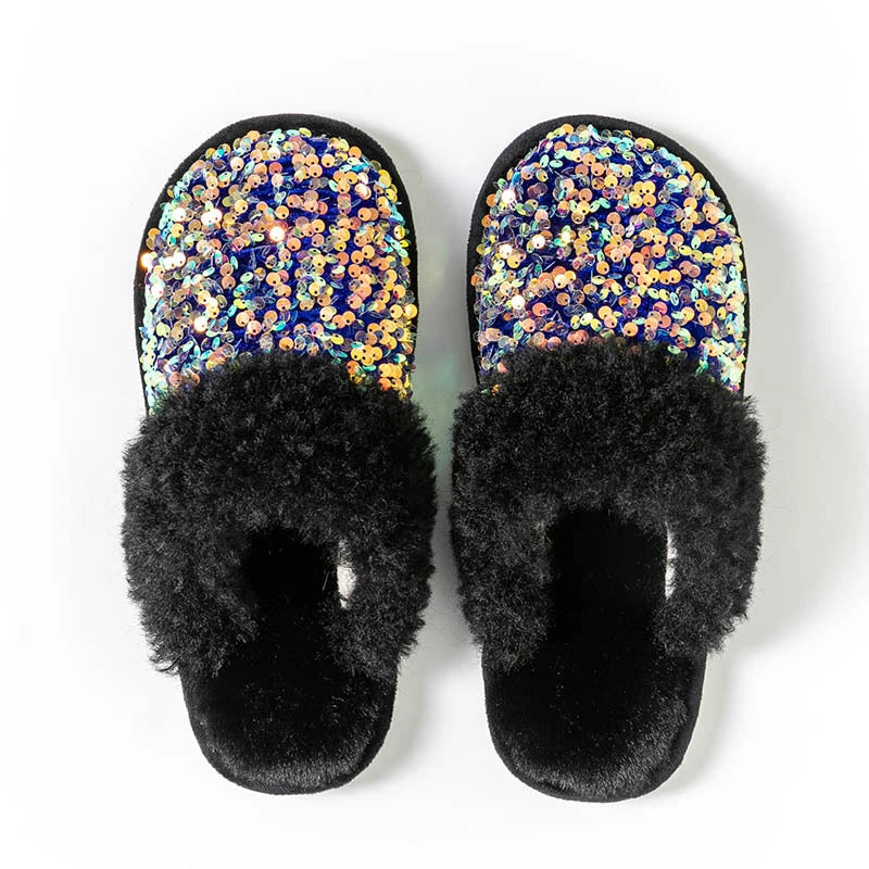 Kawaii Sequin Giraffe Plush Slippers | Cute Winter House Shoes