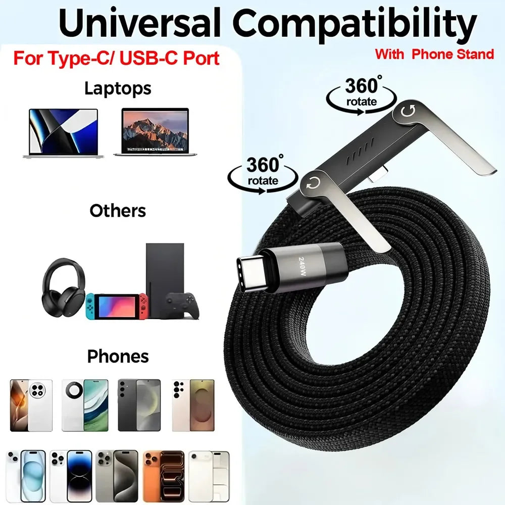 240W Fast Charging Type-C Cable with Phone Stand | Durable & Versatile