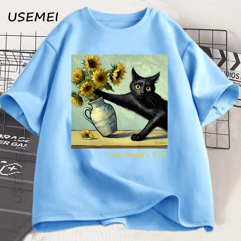 Funny Cat Art Print T-Shirt | Trendy Summer Short Sleeve Tee