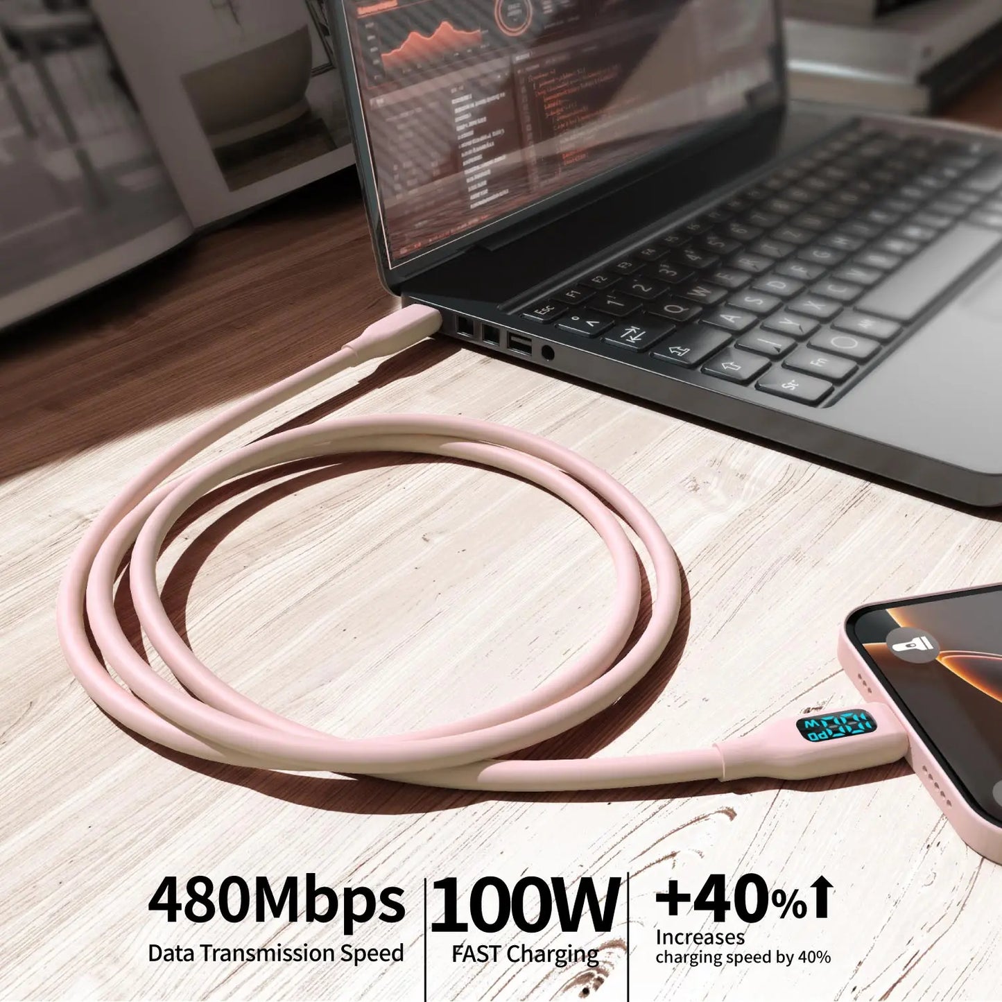 USB C Super Fast Charging Cable with Cute Pink LED Display