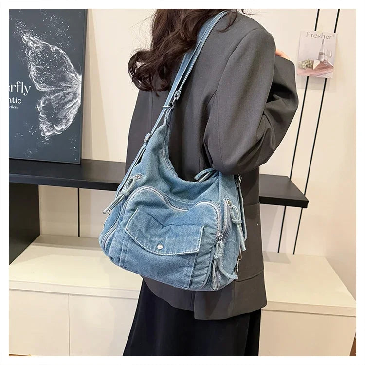 Trendy Solid Color Denim Shoulder Bag | Versatile Women's Crossbody