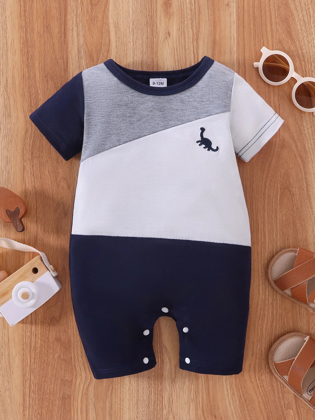 Adorable Baby Color-Block Romper with Dinosaur Embroidery