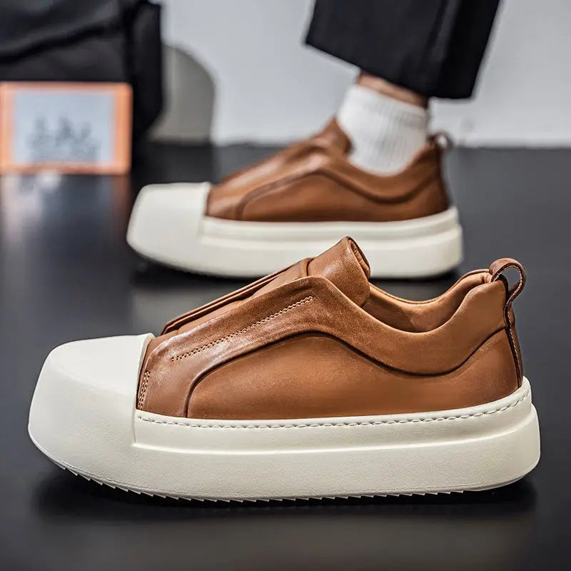 Men's Retro Brown PU Leather Platform Loafers | Lightweight Casual Sneakers