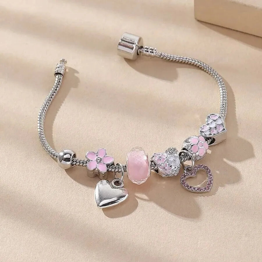 Beautiful Heart Flower Glass Pendant Charm Bracelet for Women