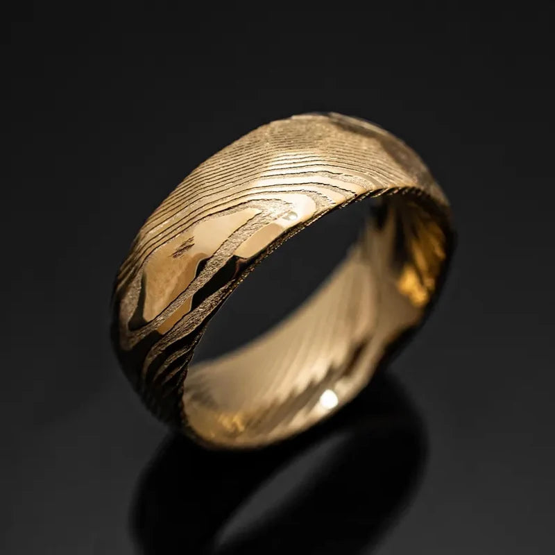 Stunning Golden Damascus Steel Wedding Band | Men's Fashion Ring