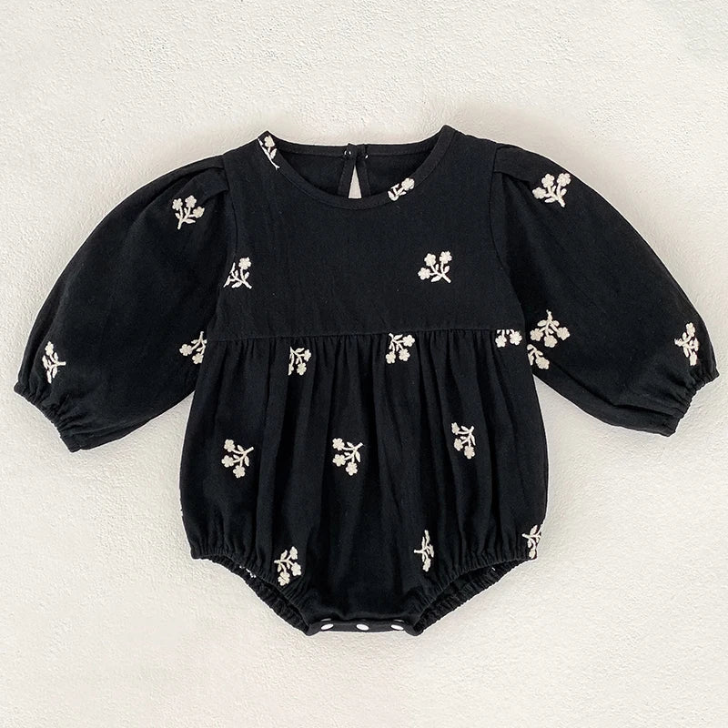 Baby Girls Embroidered Bow Romper | Cozy Autumn Jumpsuit