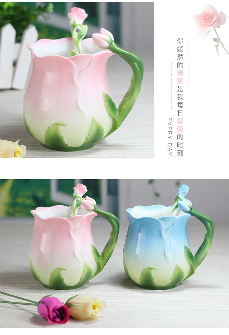Creative 3D Rose Shape Ceramic Coffee Mug with Spoon - 4 Colors