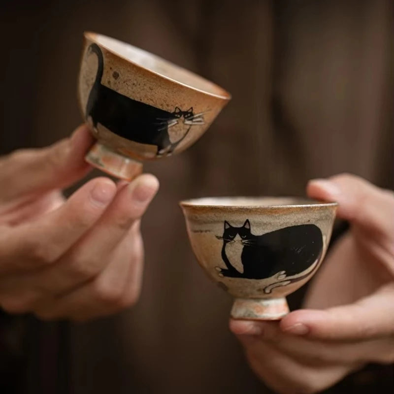 Cute Black Cat Teacup | Elegant Ceramic Tea and Sake Cups Set