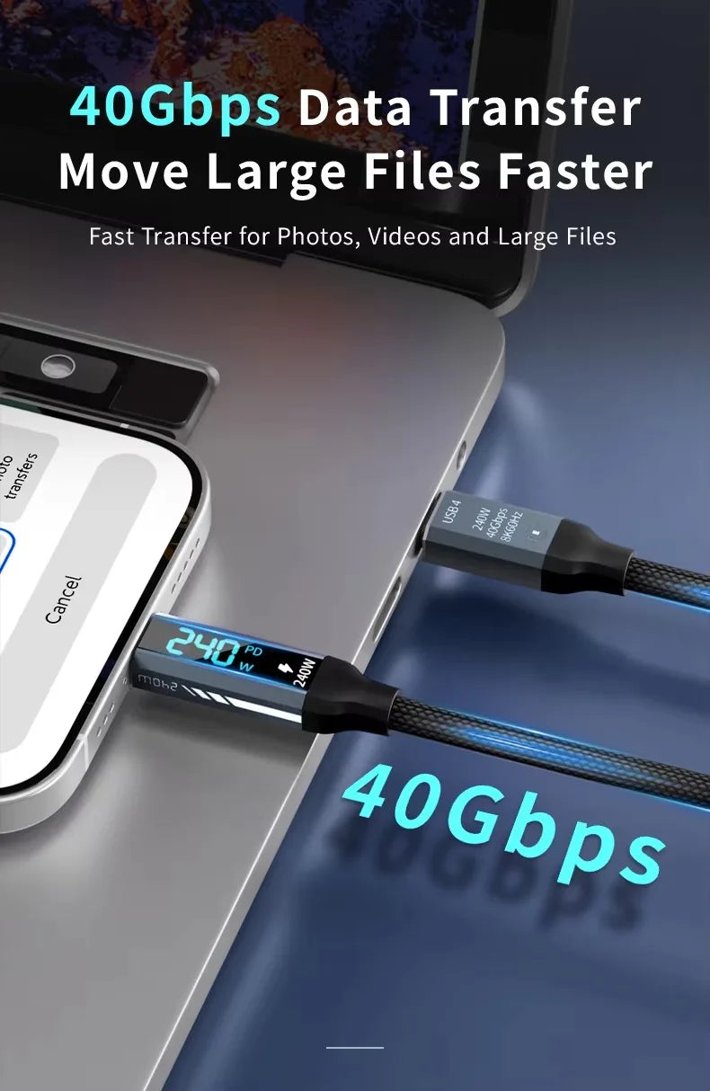 USB4 Cable with Real-Time LED Power Display 240W PD3.1 Fast Charging 40Gbps Data Transfer 8K@60Hz Video USB C to C Braided Cord
