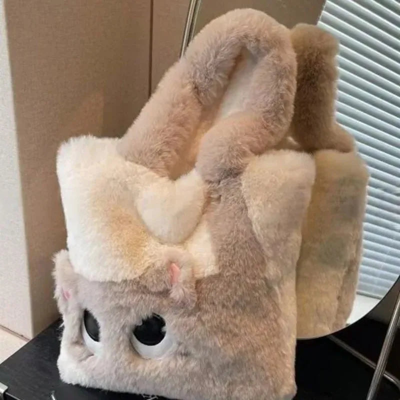 Cute Cartoon Women's Cat Pattern Tote Bag | Plush Shoulder Handbag