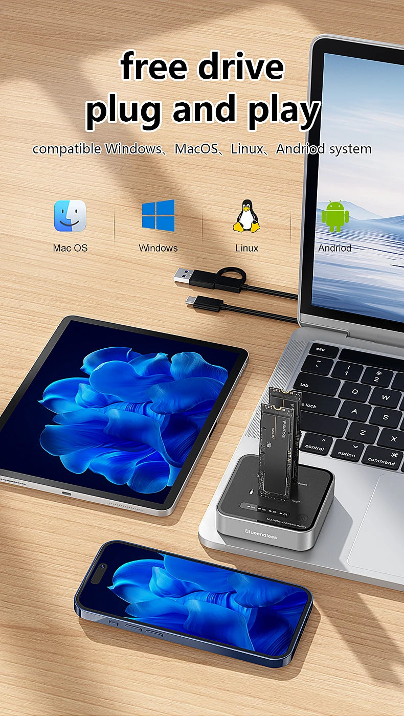 Dual-Bay M.2 NVMe SSD Cloning Dock | Fast USB 20Gbps Reader