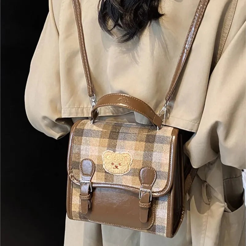 Cute Bear Backpack for Women | Vintage Plaid Student Bag
