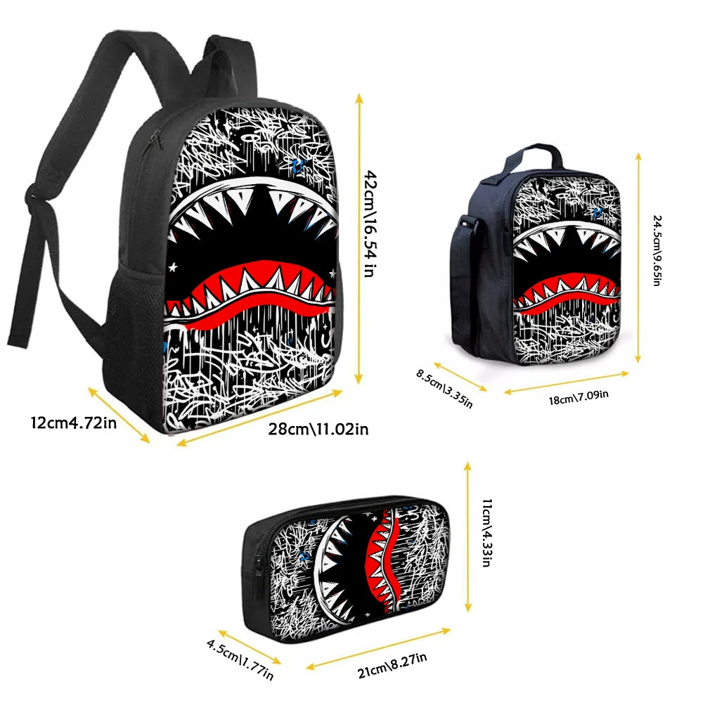 3pcs Shark Graffiti Pattern Backpack Set | Lightweight Travel Bags