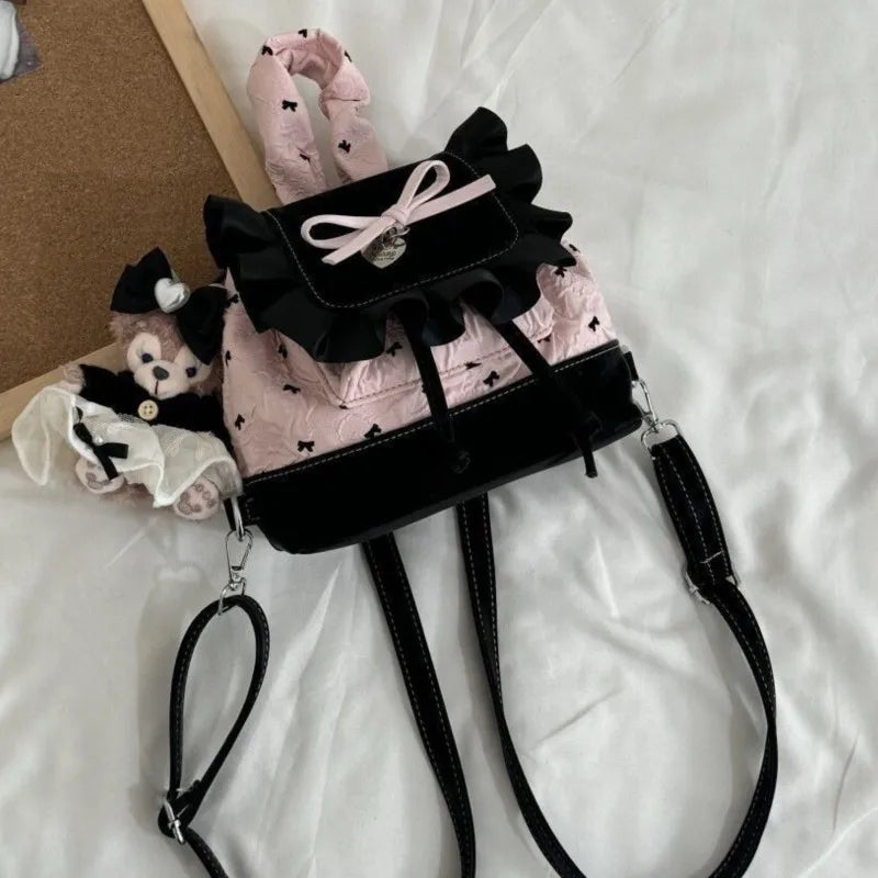 Stylish Black Pink Bow Ruffled Backpack for Women & Girls